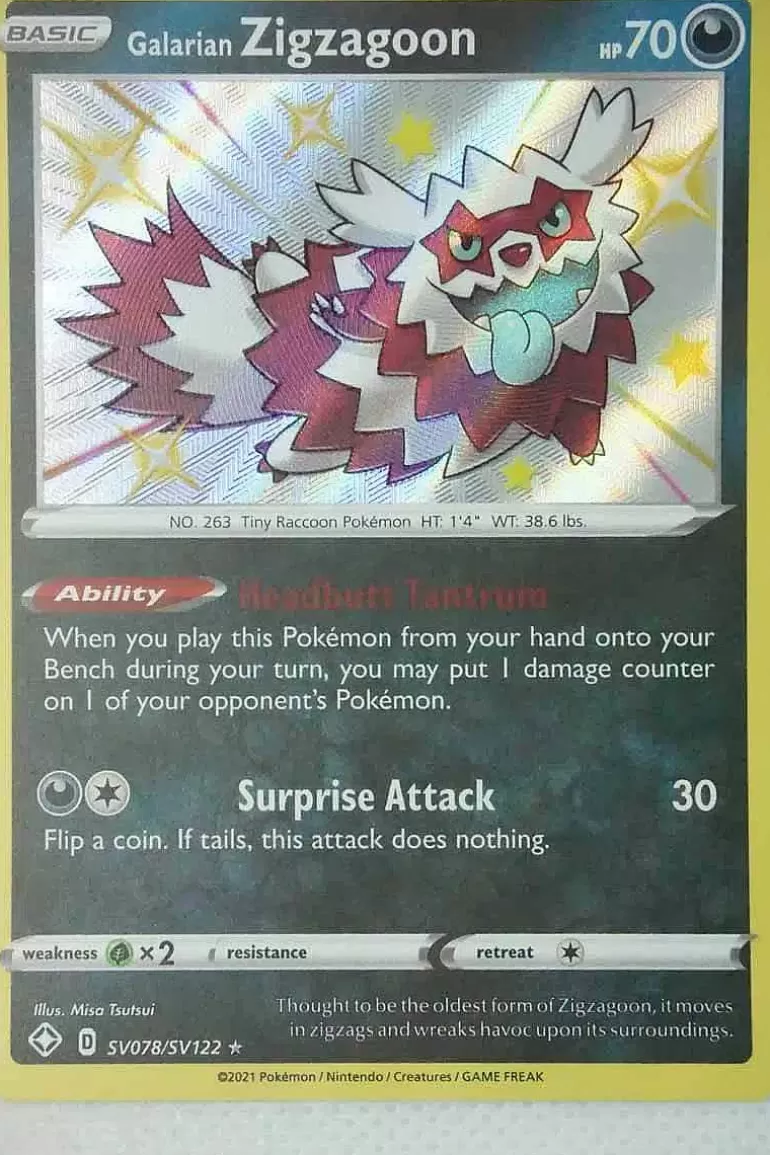 Pocket Monster Pokémon Kort-Galarian Zigzagoon Sv078/Sv122 Shiny Rare