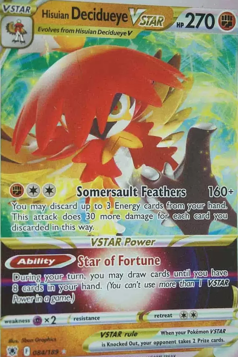 Pocket Monster Pokémon Kort-Hisuian Decidueye Vstar 084/189