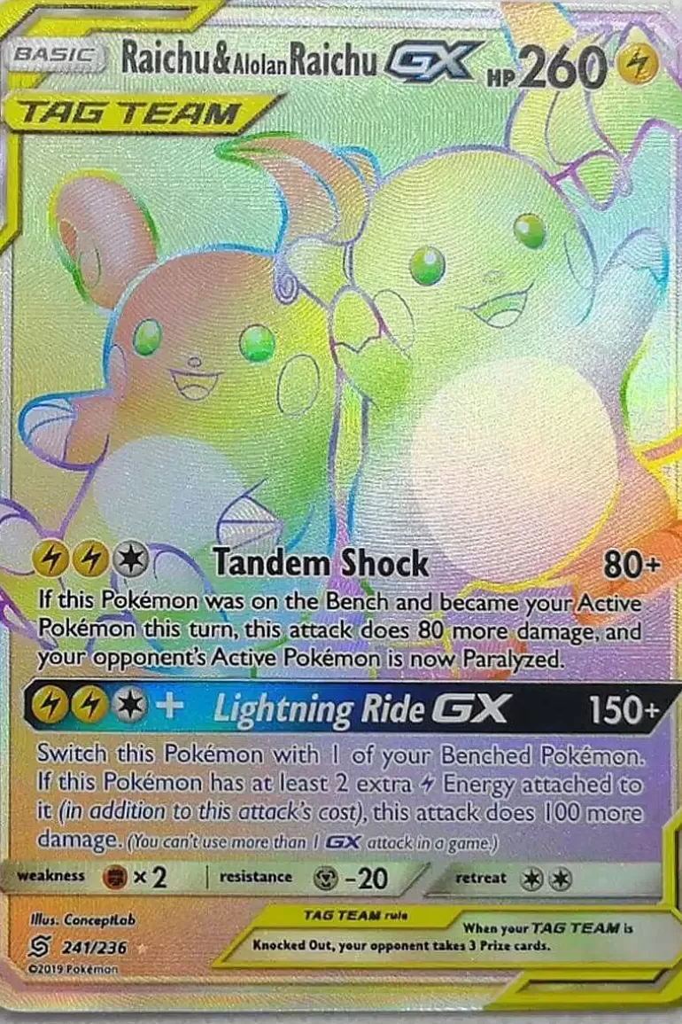 Pocket Monster Pokémon Kort-Raichu & Alolan Raichu Gx 241/236 Hyper Rare
