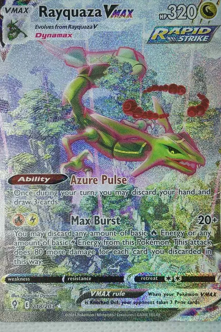 Pocket Monster Pokémon Kort-Rayquaza Vmax 218/203 Alternate Art Secret Rare