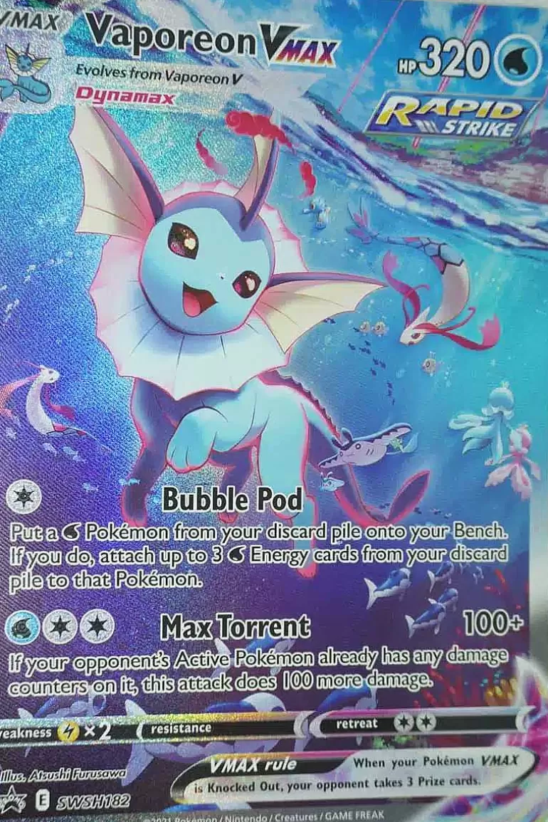 Pocket Monster Pokémon Kort-Vaporeon Vmax Swsh182 Alternate Art Stor